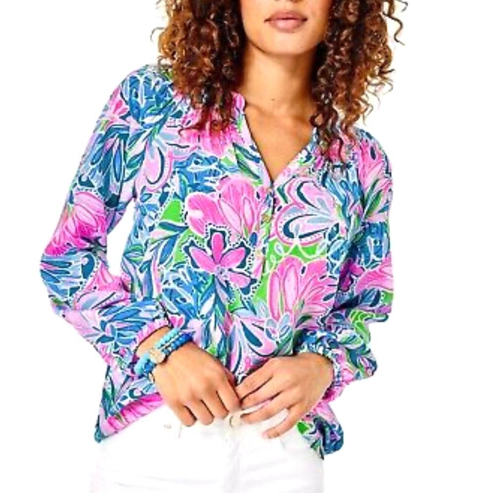 Lilly Pulitzer Elsa Silk Long Sleeve Top Gecko Green Tiger Sunrise Size Small - Picture 14 of 14